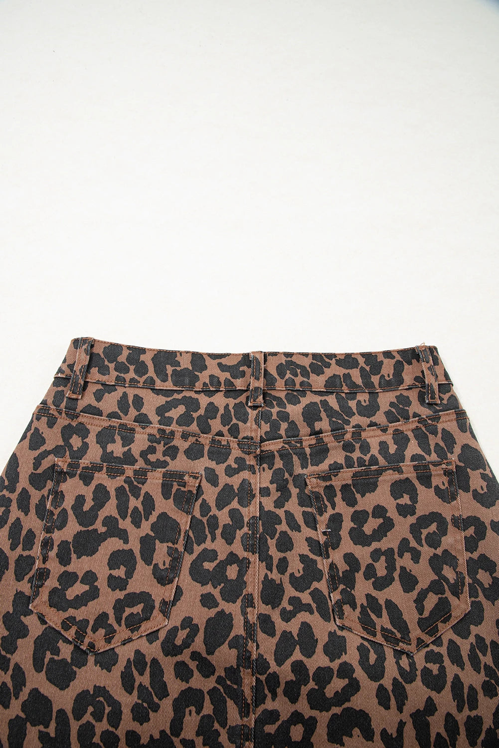 Brown Leopard Frayed-Bottom Denim Skirt with Slit