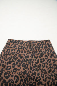 Brown Leopard Frayed-Bottom Denim Skirt with Slit