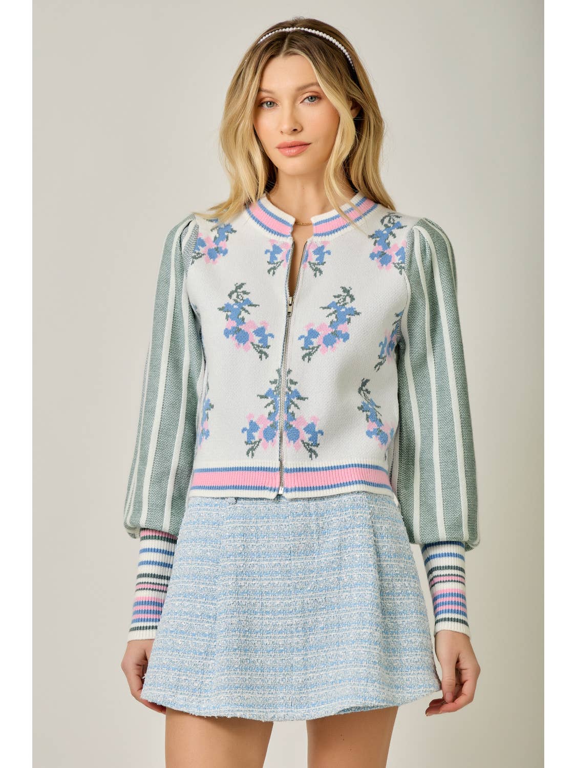 Floral Sweater Bomber Jacket w/Puff Sleeves