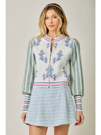 Floral Sweater Bomber Jacket w/Puff Sleeves