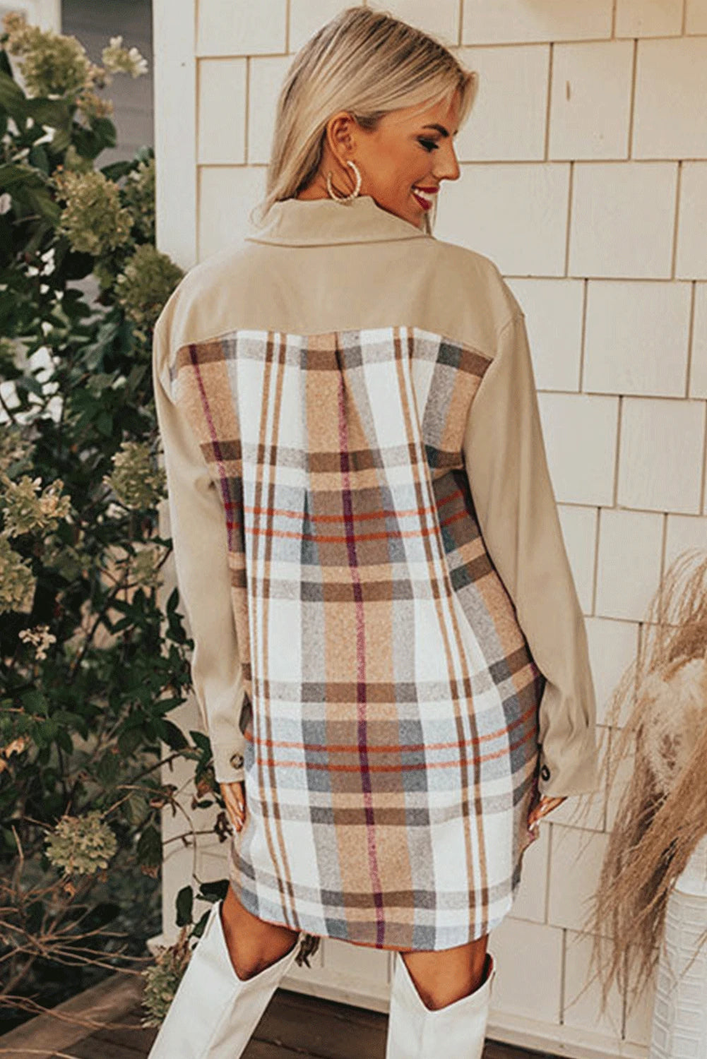 Khaki Plaid Patchwork Mini Dress