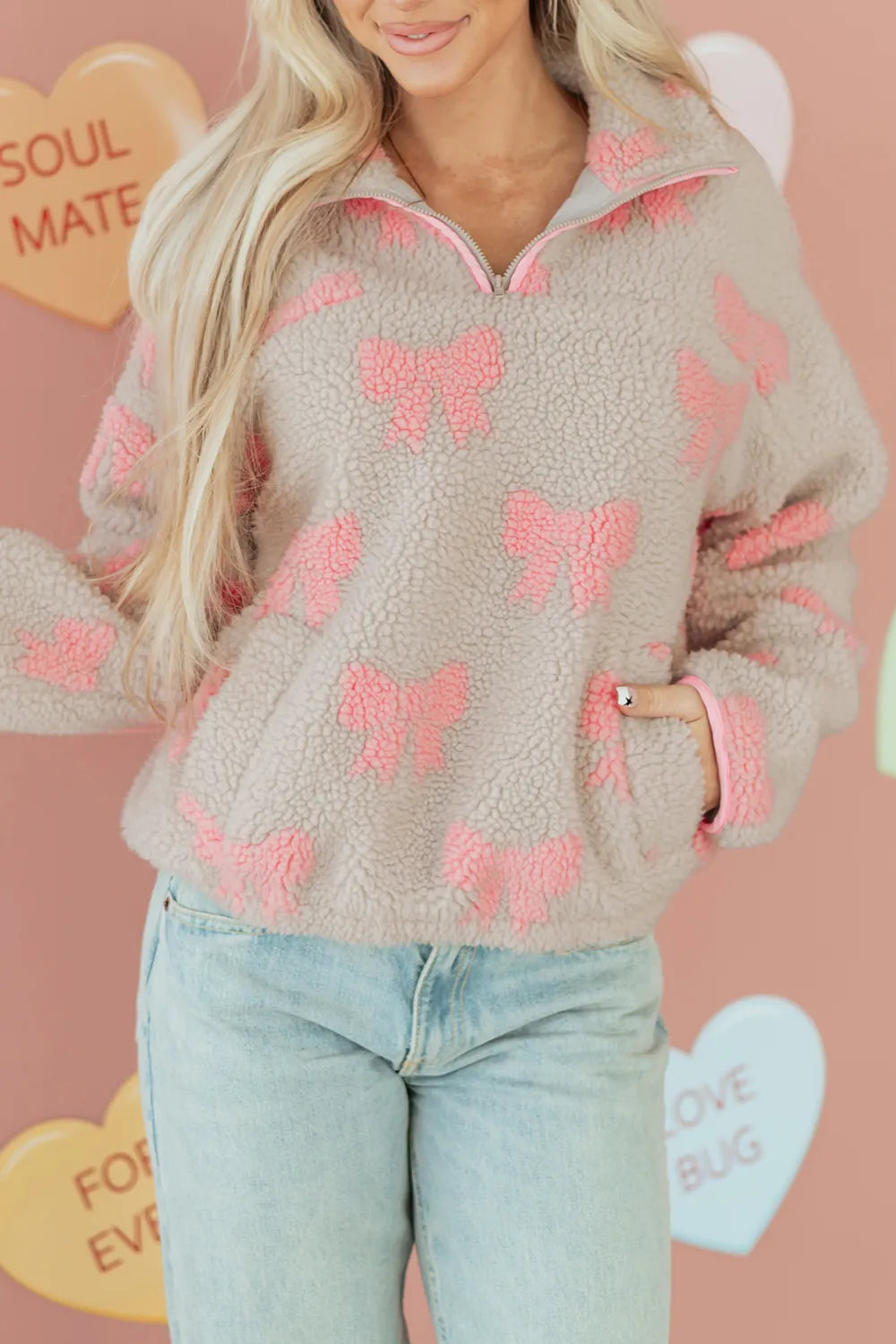Gray Quarter Zip Pullover w/Pink Bows and Accents