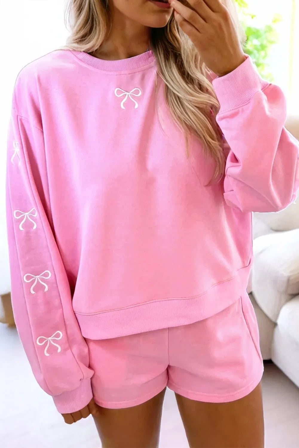 Pink, Bow Embroidered 2pc Sweatshirt & Shorts Loungewear Set with Pockets