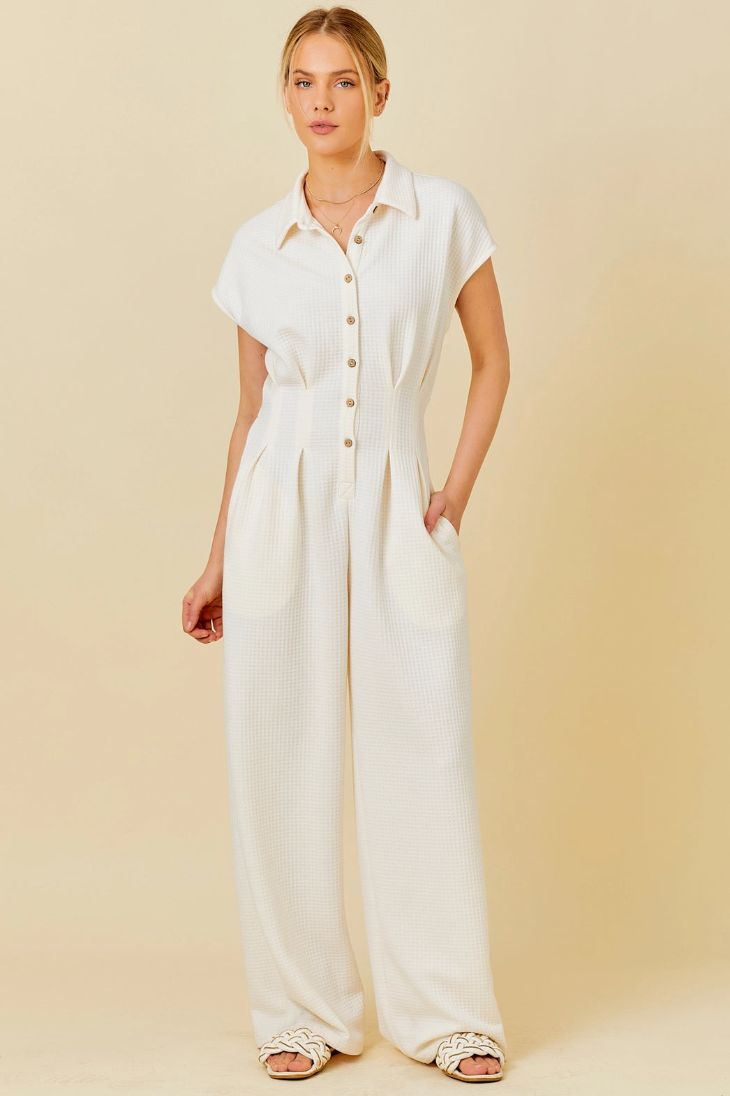 Waffle Knit Pintuck (Ivory) Jumpsuit w/ Peek-A-Boo Back