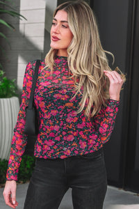 All-Over Bright Floral Mock Neck Mesh Long Sleeve Top