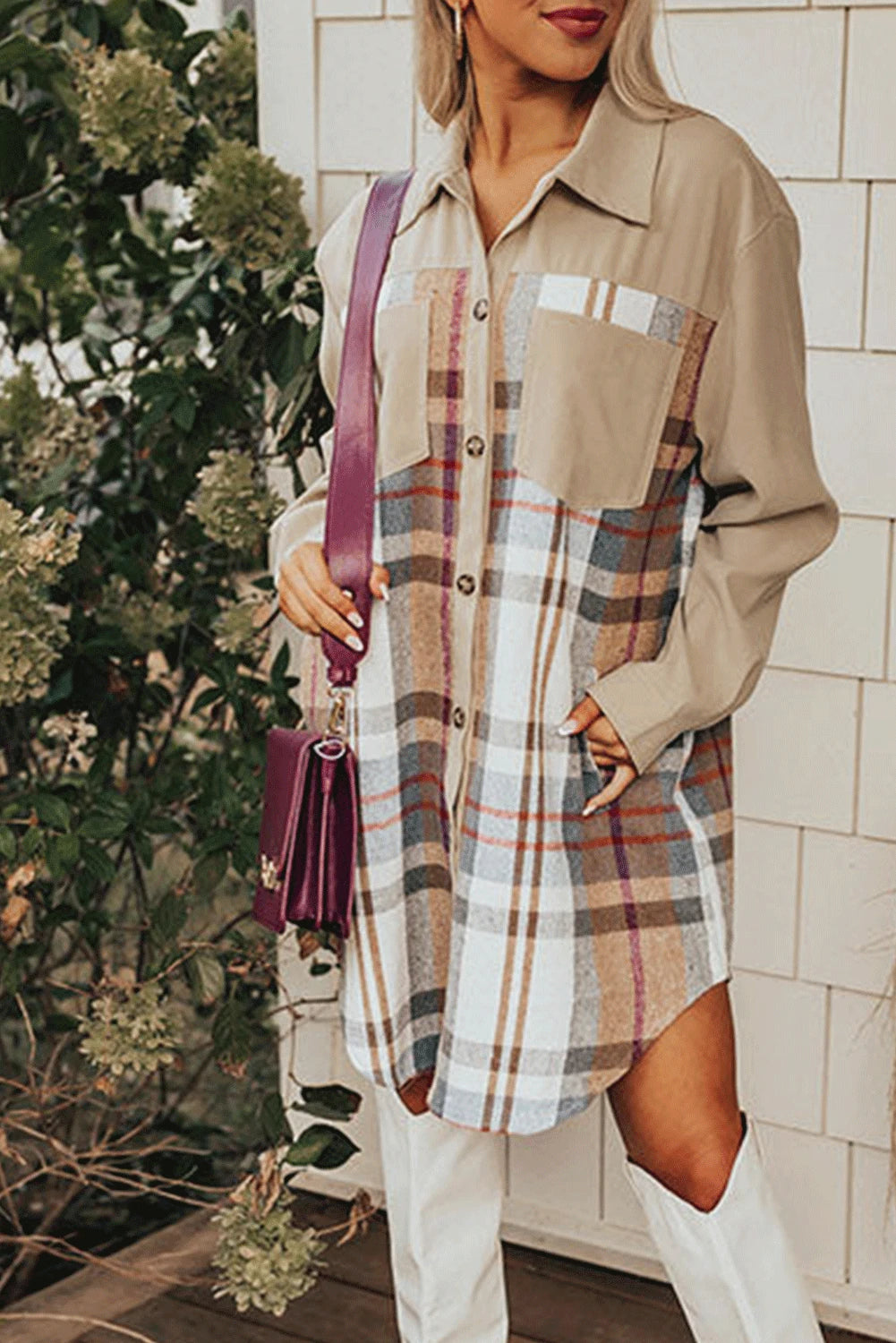 Khaki Plaid Patchwork Mini Dress