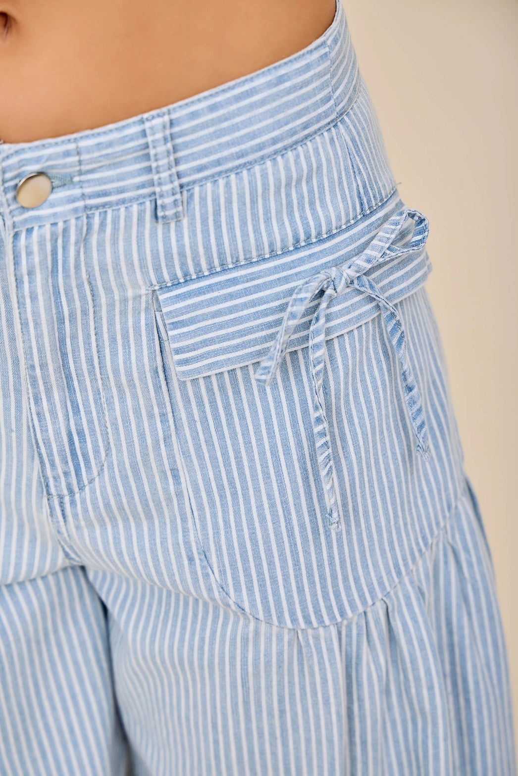 Striped Soft-Denim Balloon Pants with Front Patch Pockets & Faux Back Pockets
