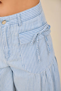 Striped Soft-Denim Balloon Pants with Front Patch Pockets & Faux Back Pockets