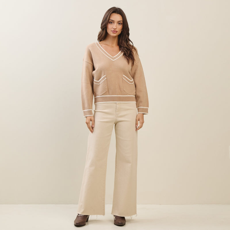 Alisha V-Neck (Beige) Contrast Trim Sweater w/Pockets