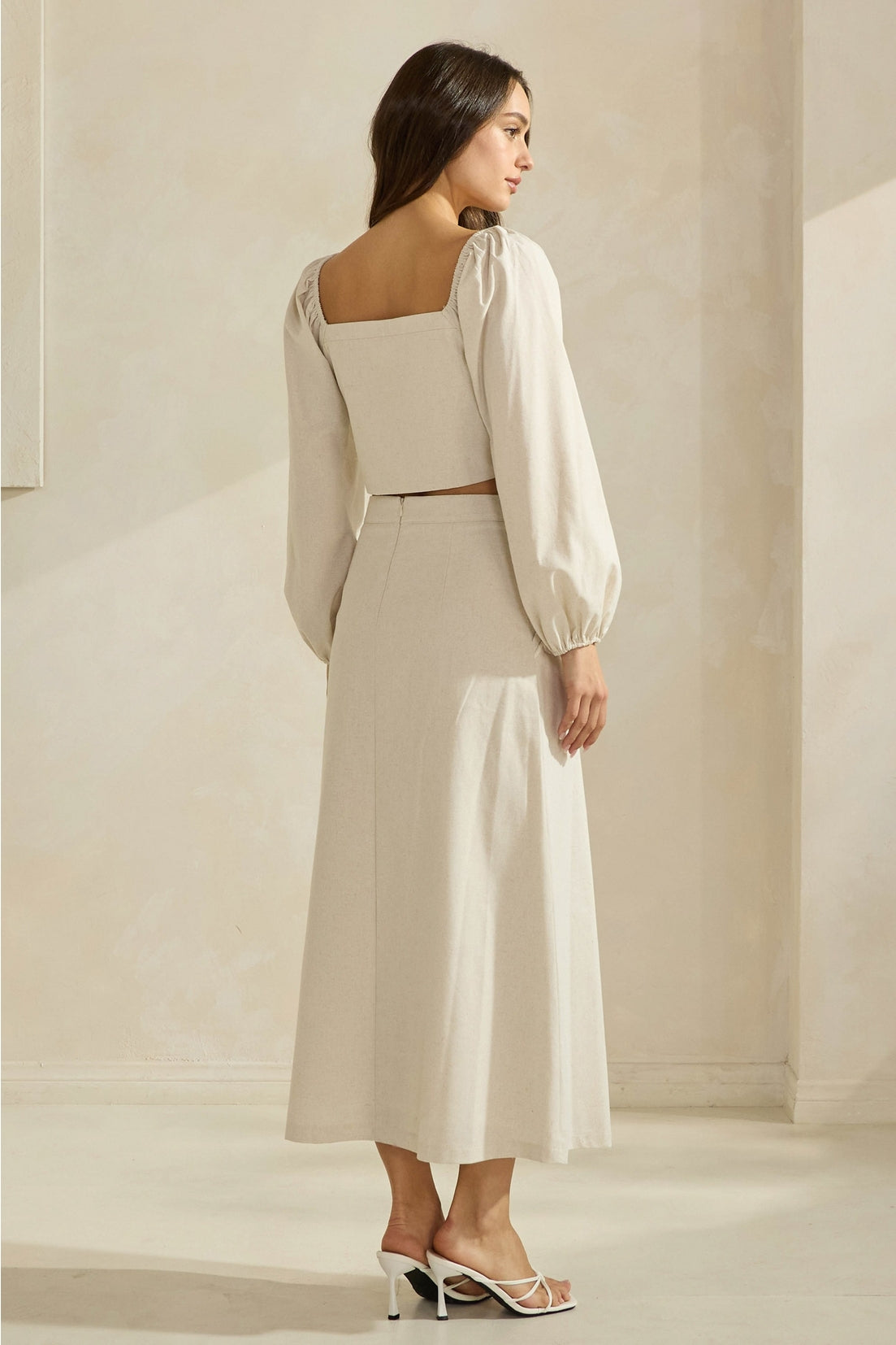 Square Neck Balloon Sleeved Top & Midi Skirt Set (Cotton/Linen Blend)