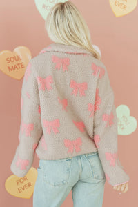 Gray Quarter Zip Pullover w/Pink Bows and Accents