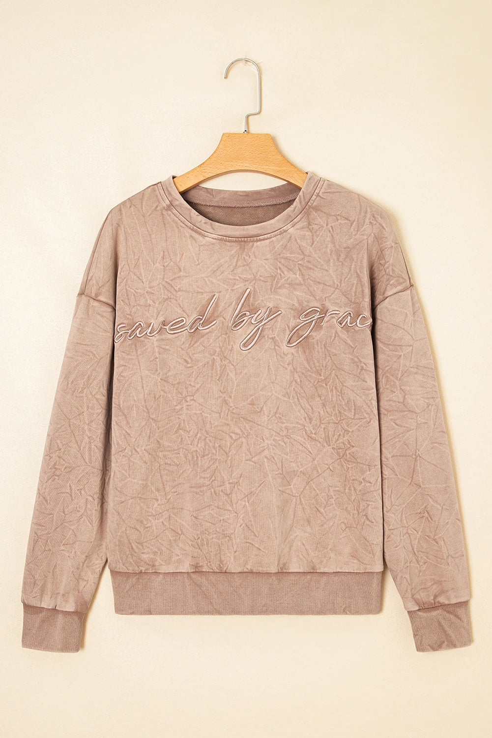 Saved By Grace (Beige) Letter Embroidery Mineral Wash Loose Sweatshirt