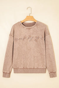 Saved By Grace (Beige) Letter Embroidery Mineral Wash Loose Sweatshirt