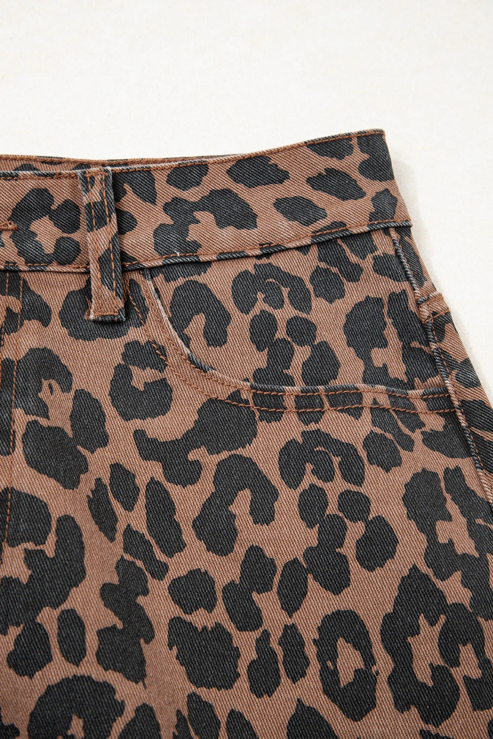Brown Leopard Frayed-Bottom Denim Skirt with Slit