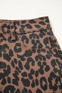 Brown Leopard Frayed-Bottom Denim Skirt with Slit