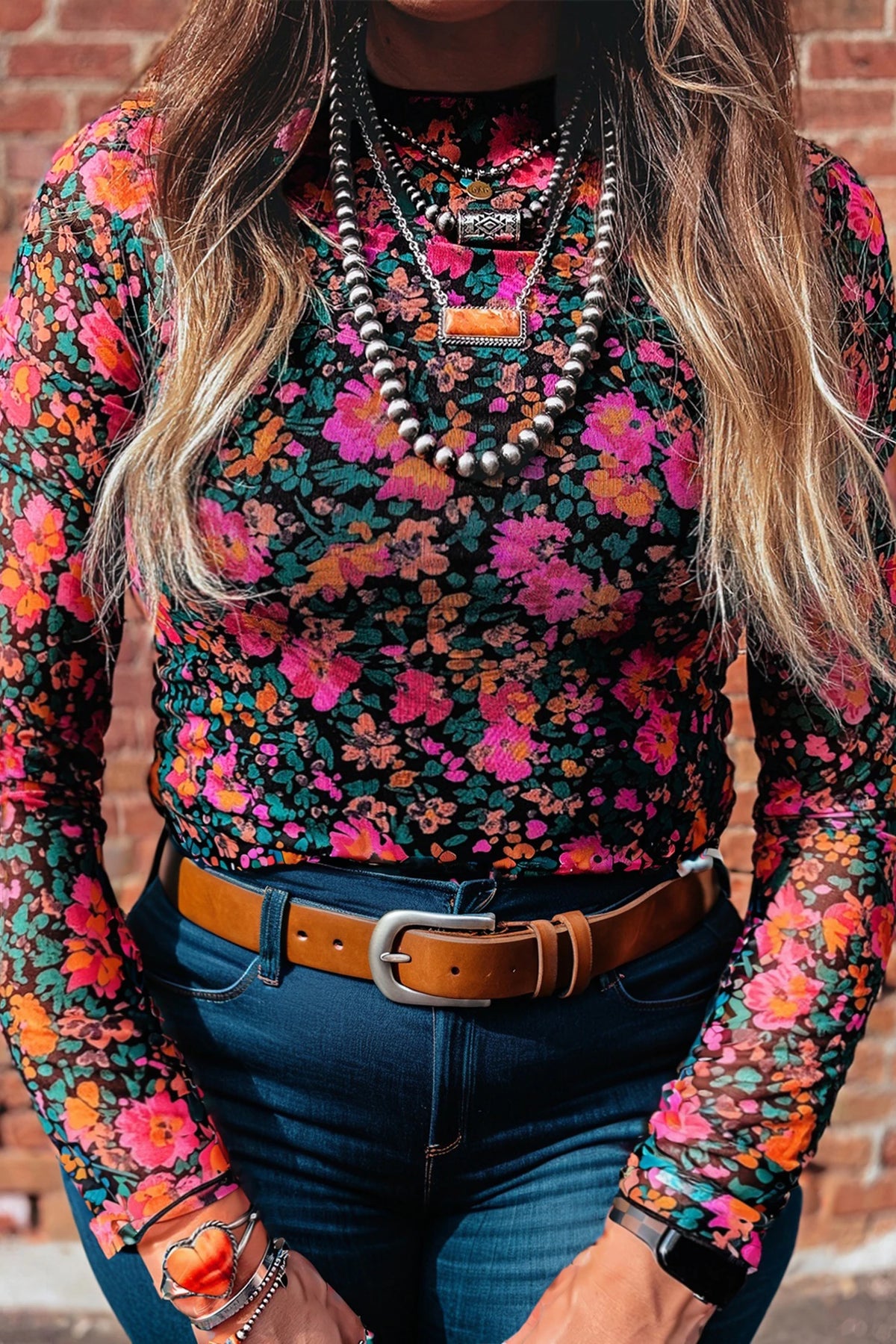 All-Over Bright Floral Mock Neck Mesh Long Sleeve Top