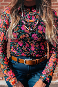 All-Over Bright Floral Mock Neck Mesh Long Sleeve Top