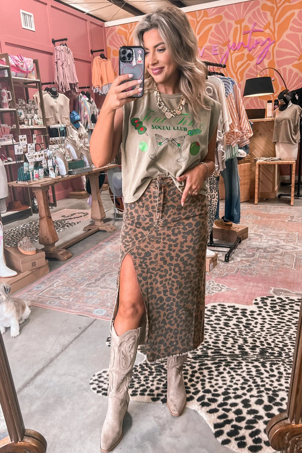 Brown Leopard Frayed-Bottom Denim Skirt with Slit