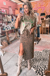 Brown Leopard Frayed-Bottom Denim Skirt with Slit