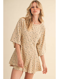 Beige Floral (85% Cotton) Flowy Shorts Romper w/Pockets