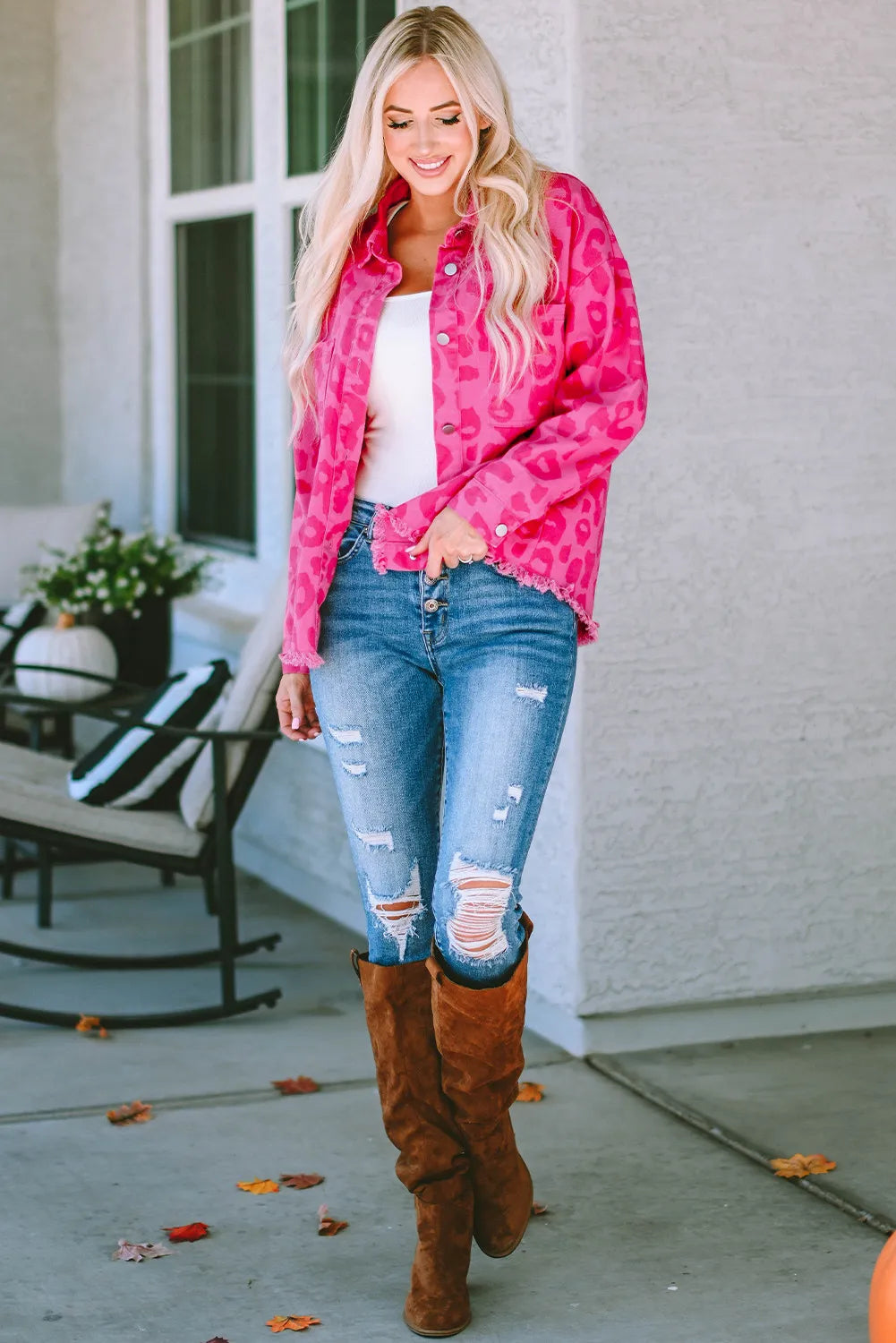 Vibrant Pink Leopard Print Lightweight Jean Jacket with Raw Hem