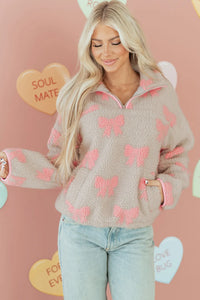 Gray Quarter Zip Pullover w/Pink Bows and Accents