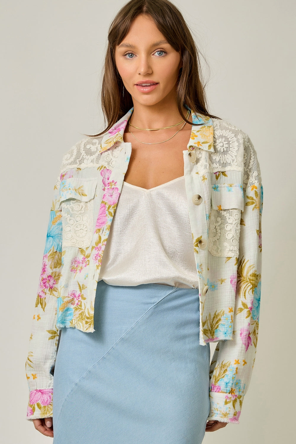White Floral 100% Cotton and Lace Lightweight Jacket