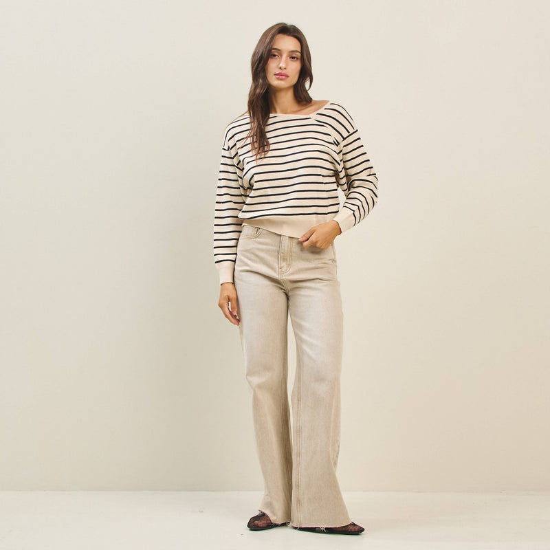 Asymmetric Boat Neck Cream & Black Sweater