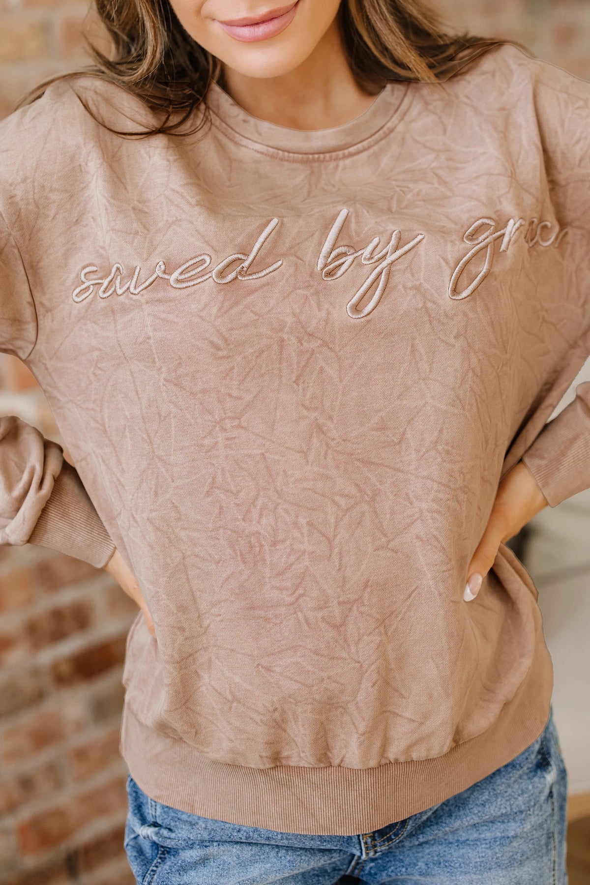 Saved By Grace (Beige) Letter Embroidery Mineral Wash Loose Sweatshirt