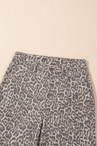 High-Rise Brown Leopard Frayed Edge Wide Leg Jeans