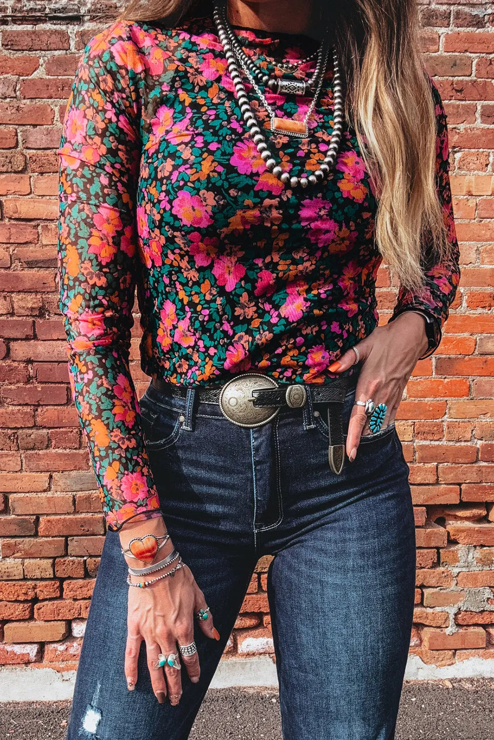 All-Over Bright Floral Mock Neck Mesh Long Sleeve Top