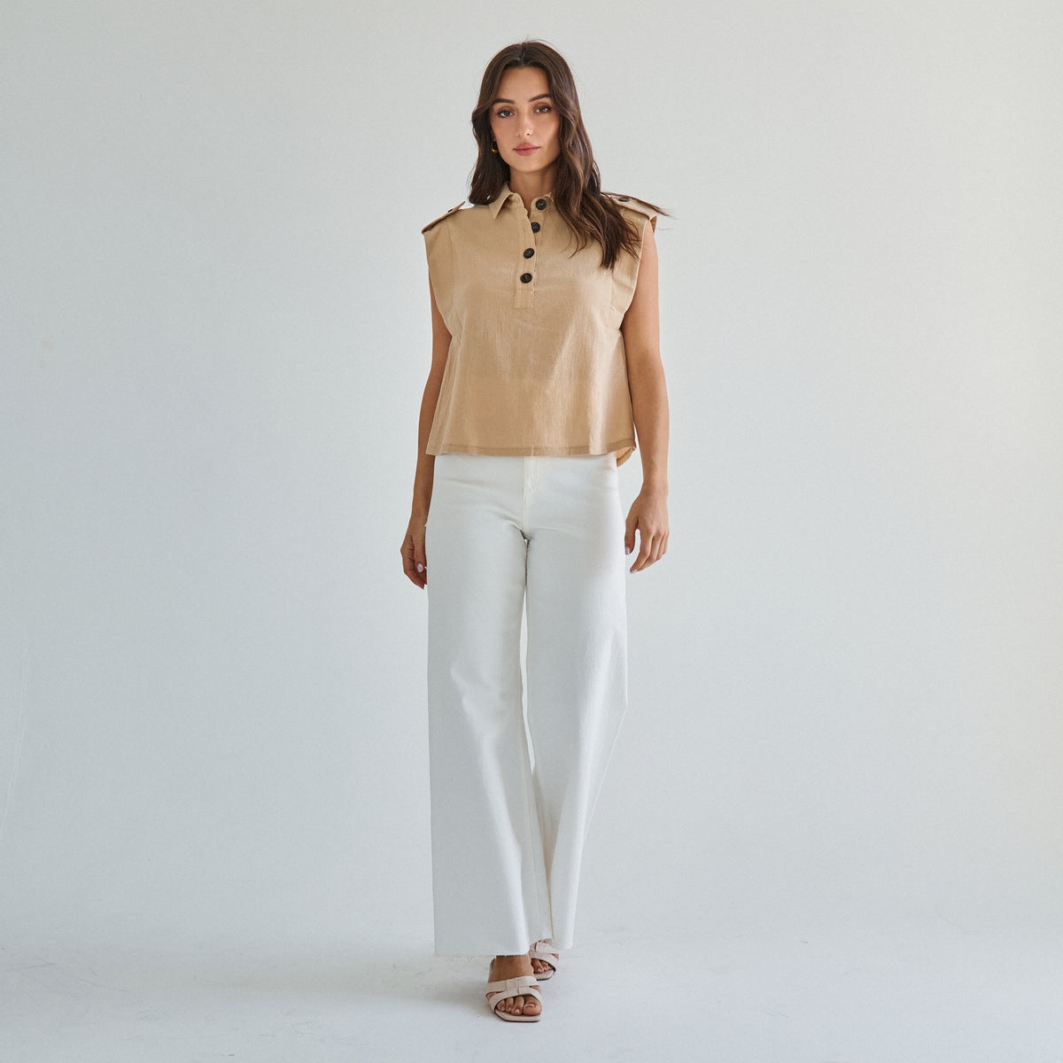 Sleeveless Button 100% Cotton Beige Top w/Extra Side Bra Coverage