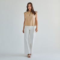 Sleeveless Button 100% Cotton Beige Top w/Extra Side Bra Coverage