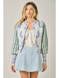 Floral Sweater Bomber Jacket w/Puff Sleeves