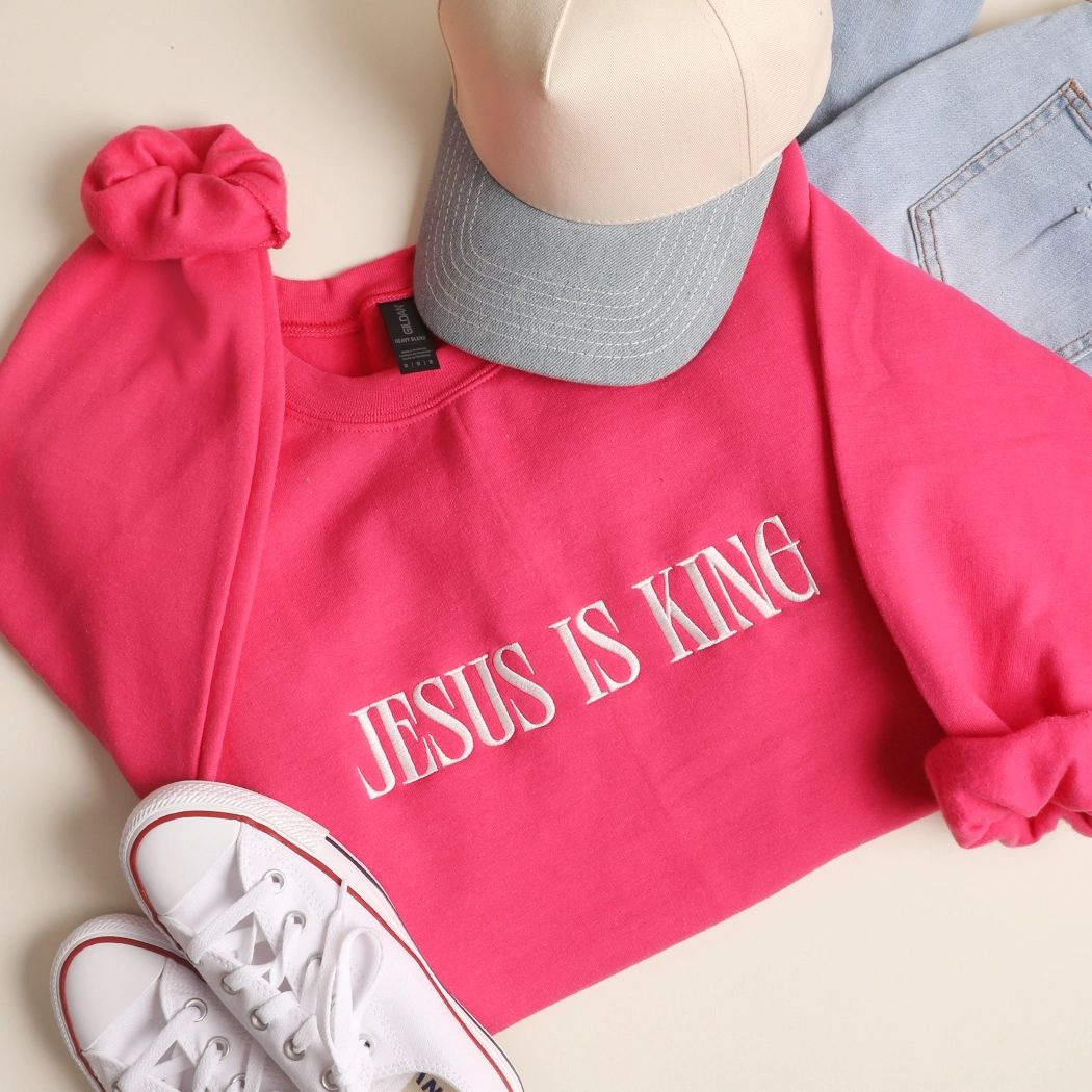 Jesus Is King, Hot Pink Heavyblend Sweatshirt - Embroidered