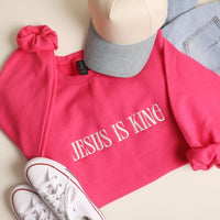 Jesus Is King, Hot Pink Heavyblend Sweatshirt - Embroidered