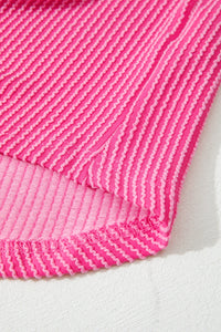 Pink, Leopard-Patched Ribbed Button-Up Long Sleeve Top with Pocket