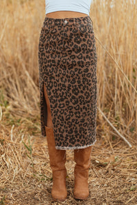 Brown Leopard Frayed-Bottom Denim Skirt with Slit
