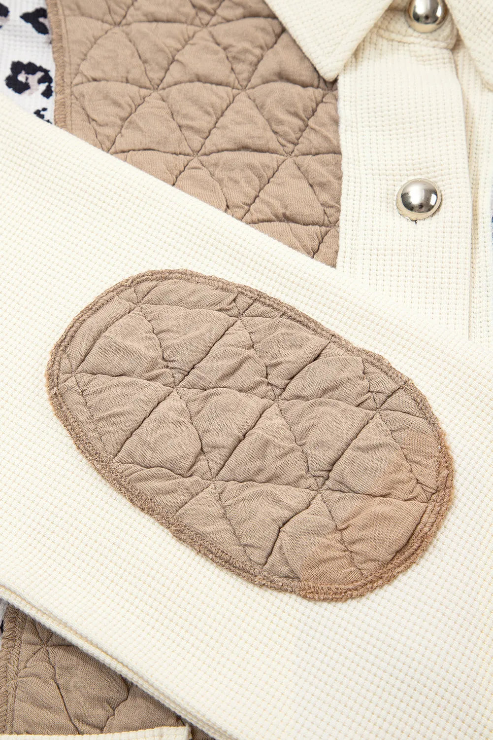 Khaki & Leopard Patchwork Quilted Button-Front Lightweight Jacket with Pockets