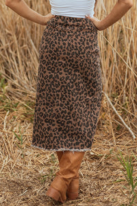 Brown Leopard Frayed-Bottom Denim Skirt with Slit