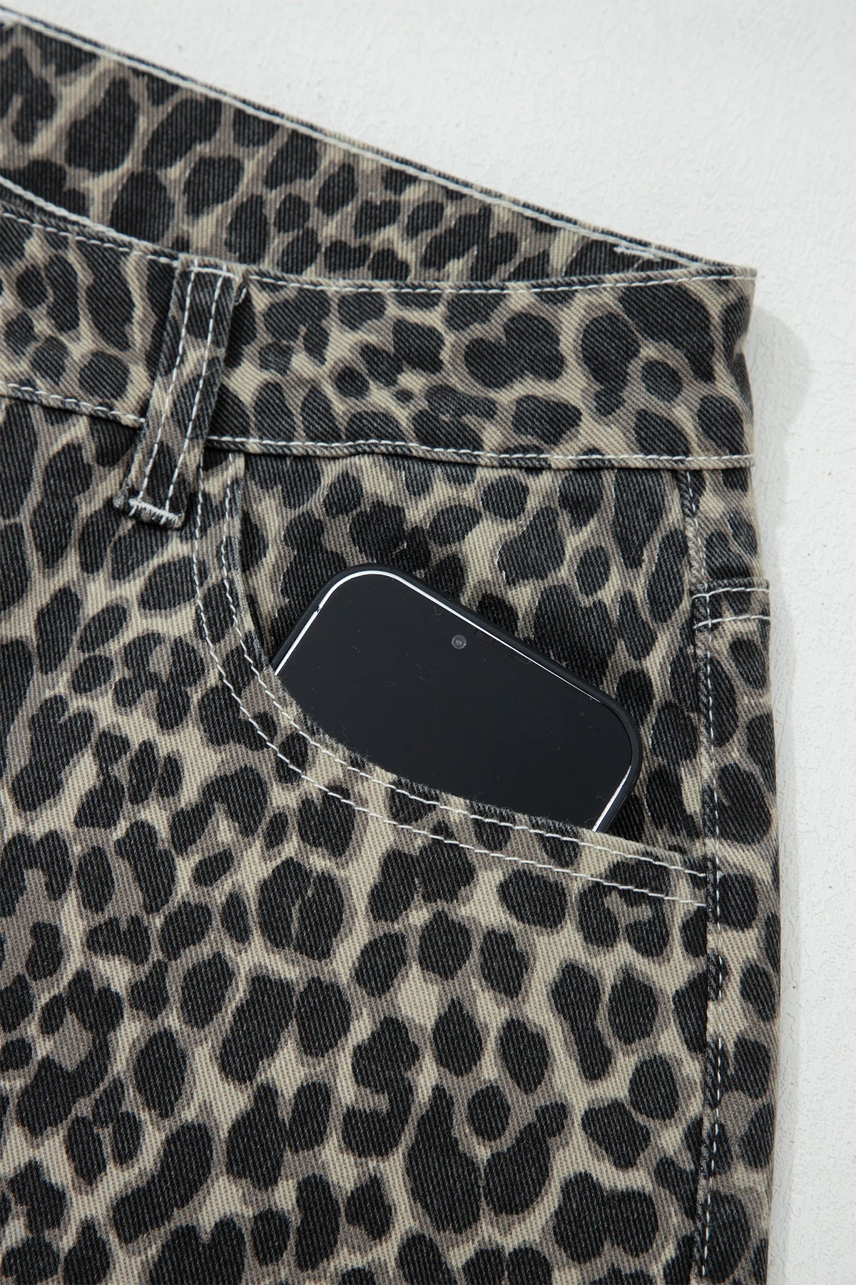 High-Rise Black Leopard Print Barrel Jeans