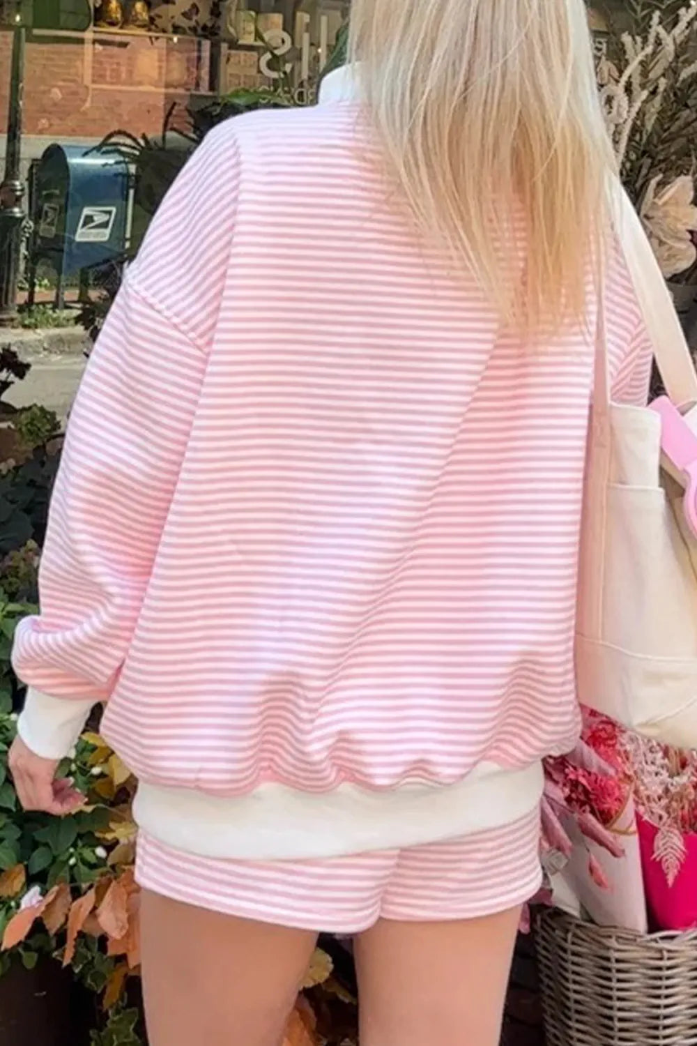 Pink & White Striped Oversized Mock Neck 2 Pc Sweatshirt & Shorts Loungewear Set