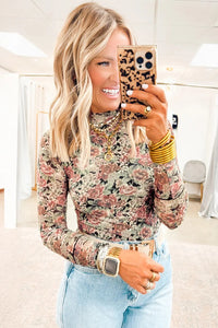 All-Over Floral Print Mock Neck Mesh Long Sleeve Top