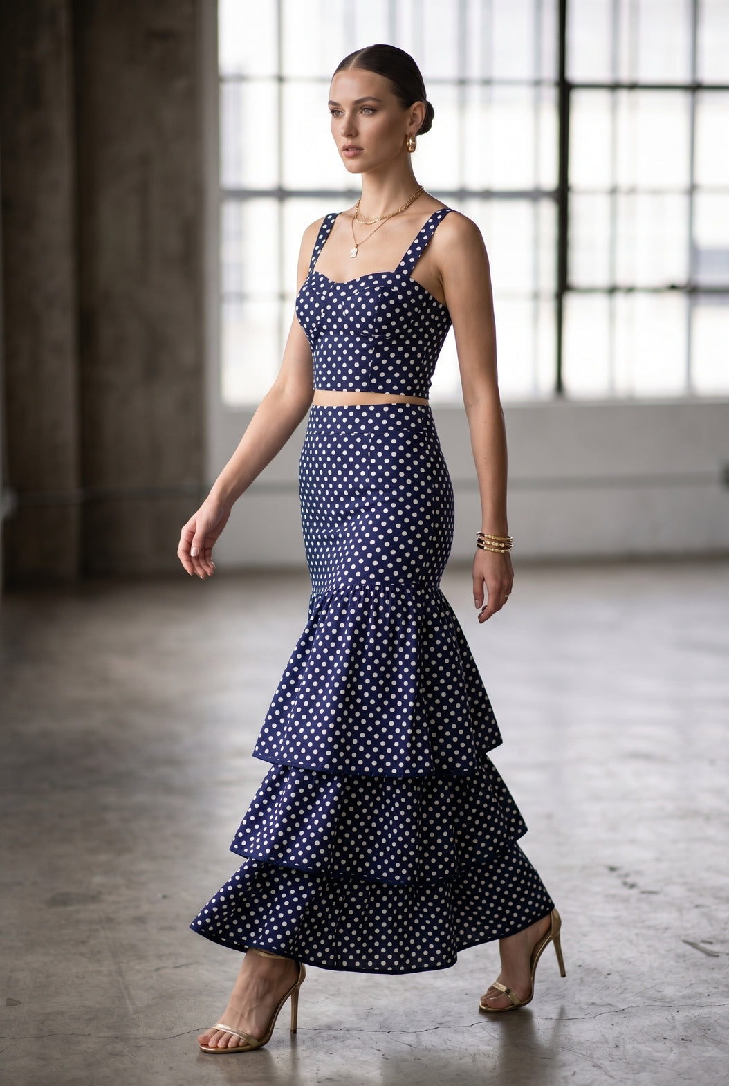 Polka Dot (100% Cotton) Cascading Tiered Maxi Skirt - Navy