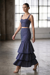 Polka Dot (100% Cotton) Cascading Tiered Maxi Skirt - Navy