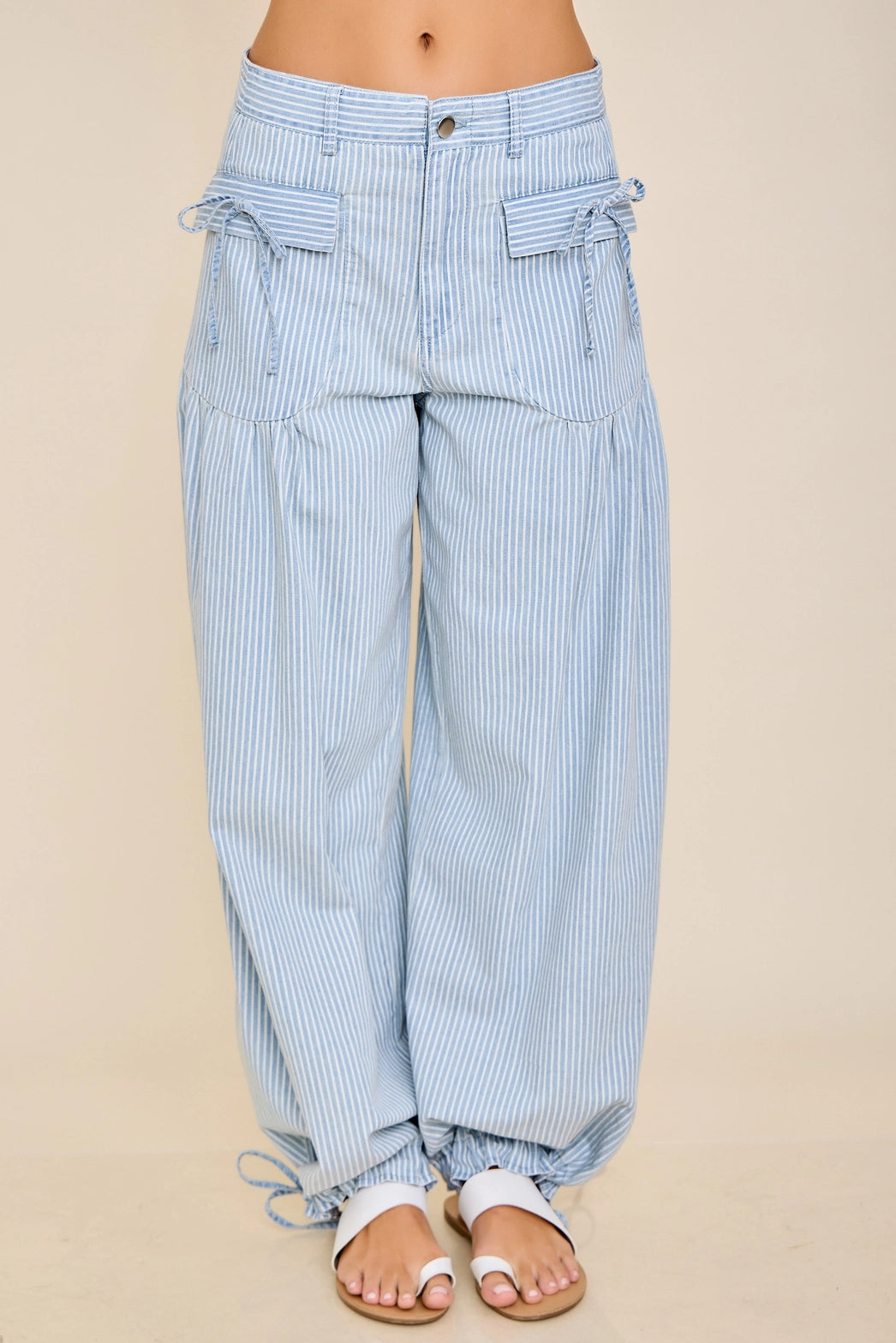 Striped Soft-Denim Balloon Pants with Front Patch Pockets & Faux Back Pockets