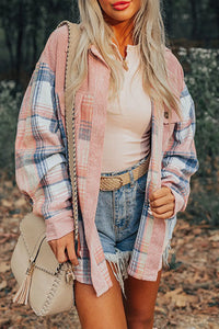 Light Pink Corduroy and Soft Plaid Shacket with Pockets