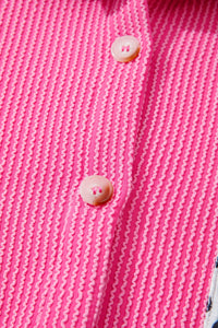 Pink, Leopard-Patched Ribbed Button-Up Long Sleeve Top with Pocket