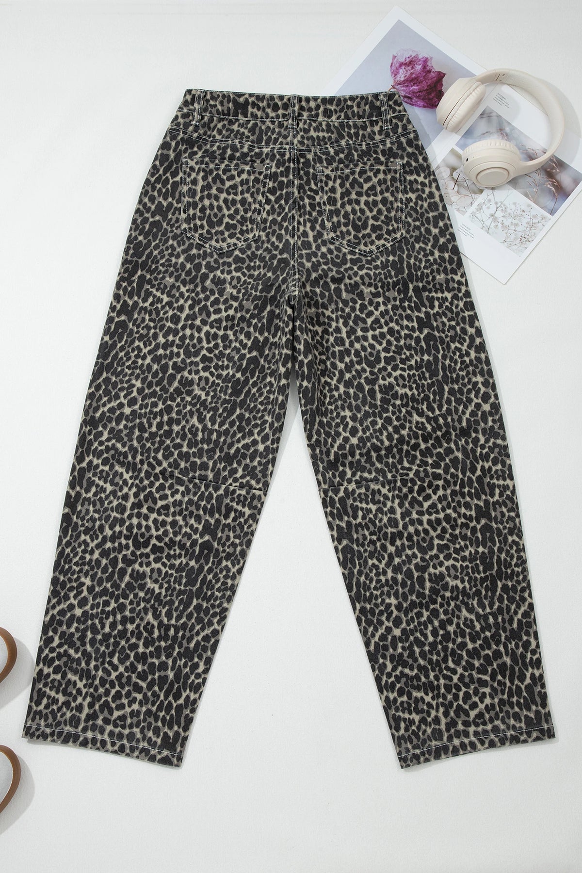 High-Rise Black Leopard Print Barrel Jeans