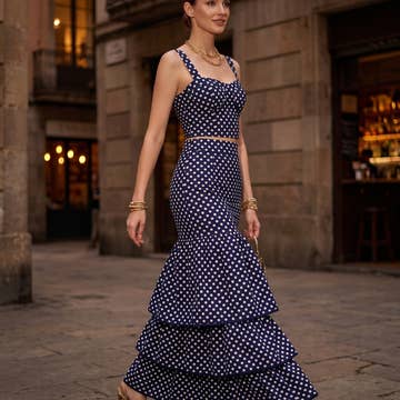 Polka Dot (100% Cotton) Cascading Tiered Maxi Skirt - Navy